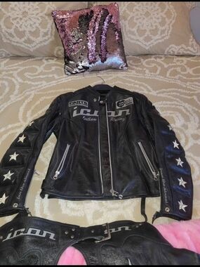 Kitty Black Leather Riding Jacket And Chaps, Excellent Conditioned Leather
